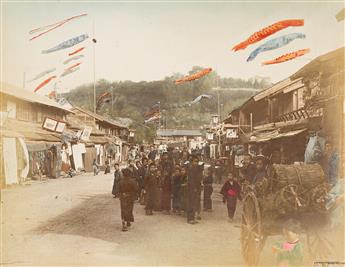 (JAPAN) A lovely Japanese album with 50 hand-colored photographs depicting geishas, lush landscapes, busy streets, and flowering garden